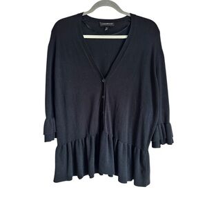 Lane Bryant Black Knit Cardigan Sweater Ruffle Sleeve w/Ruffle Drop Hem 14/16